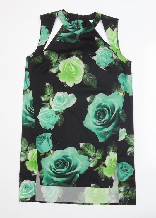 Shakuhachi Womens Black Floral Polyester A-Line Size 10 Round Neck Button
