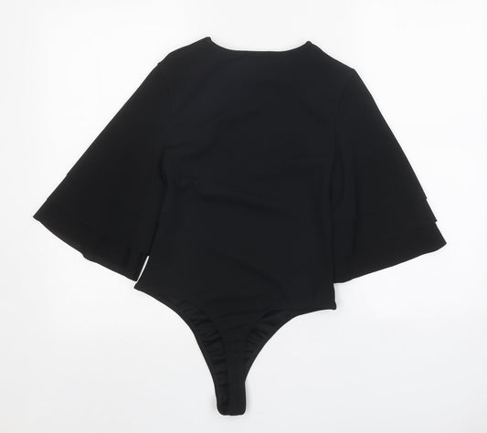PRETTYLITTLETHING Womens Black Polyester Bodysuit One-Piece Size 8 Snap - Voluminous Sleeves