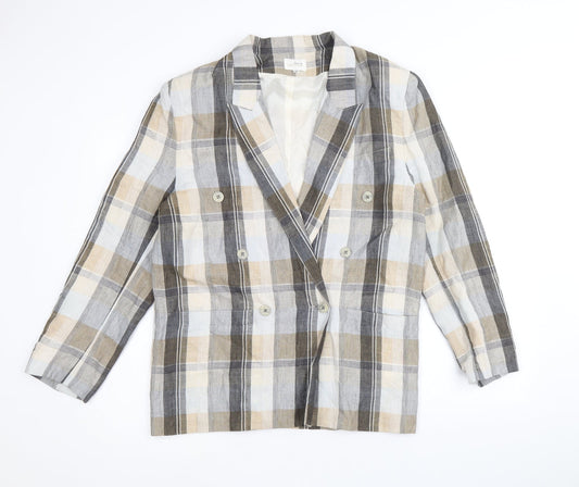 Woman Exclusive Womens Beige Plaid Ramie Jacket Suit Jacket Size 8