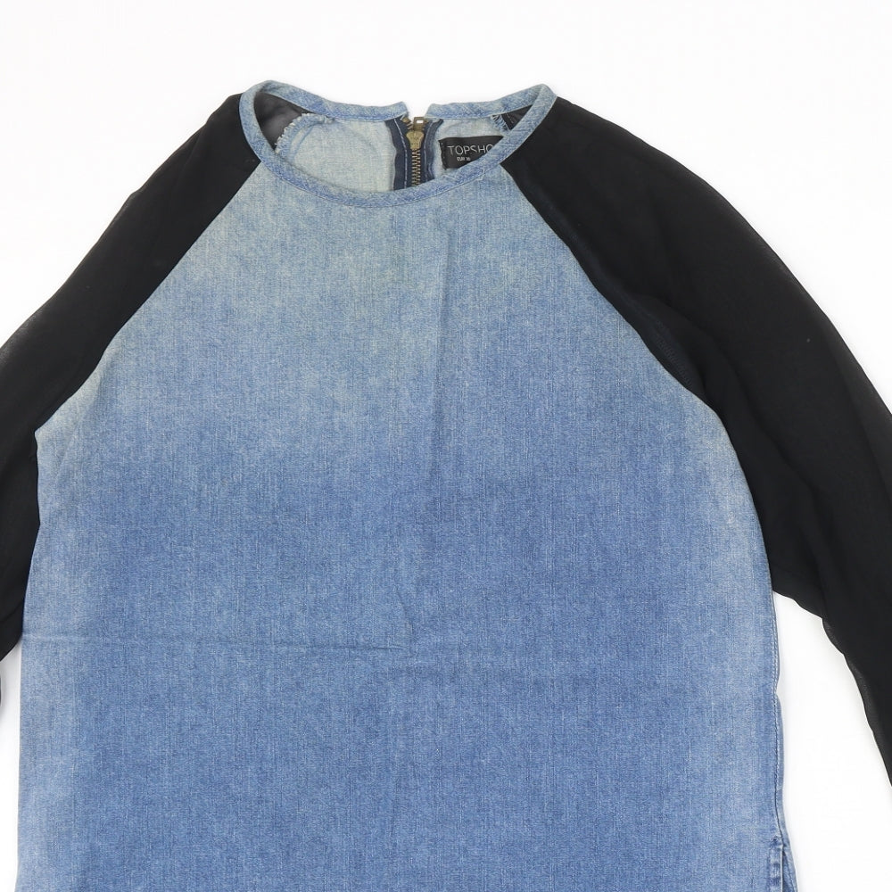 Topshop Womens Blue Cotton Shift Size 8 Round Neck Zip