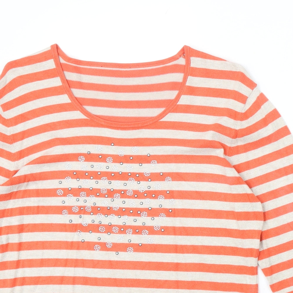 Preworn Womens Orange Scoop Neck Striped Viscose Pullover Jumper Size 14