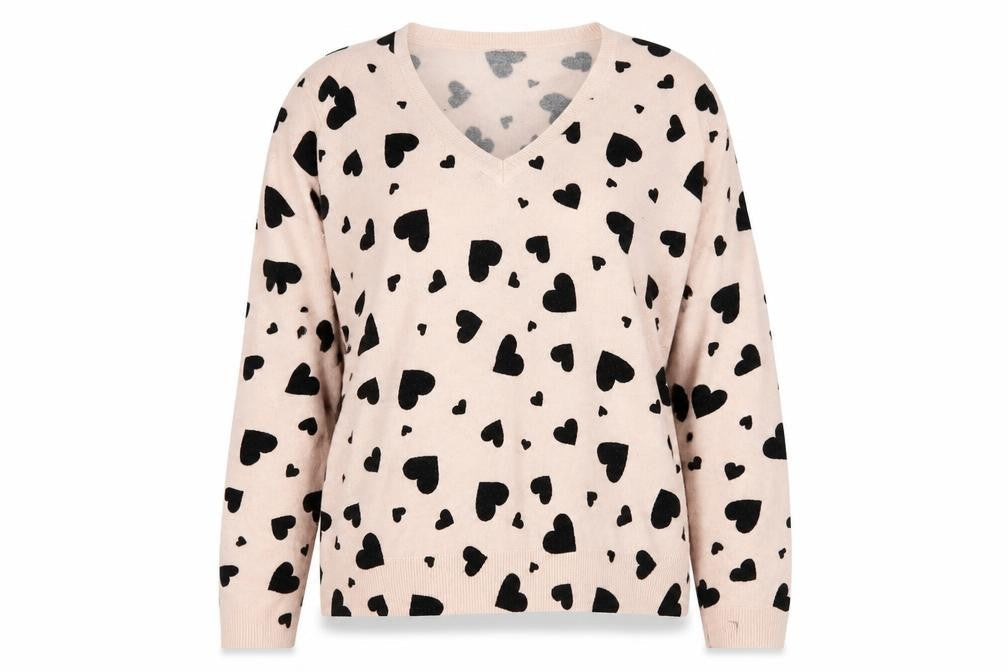 Marks and Spencer Womens Pink V-Neck Geometric Acrylic Pullover Jumper Size 16 - Heart Pattern
