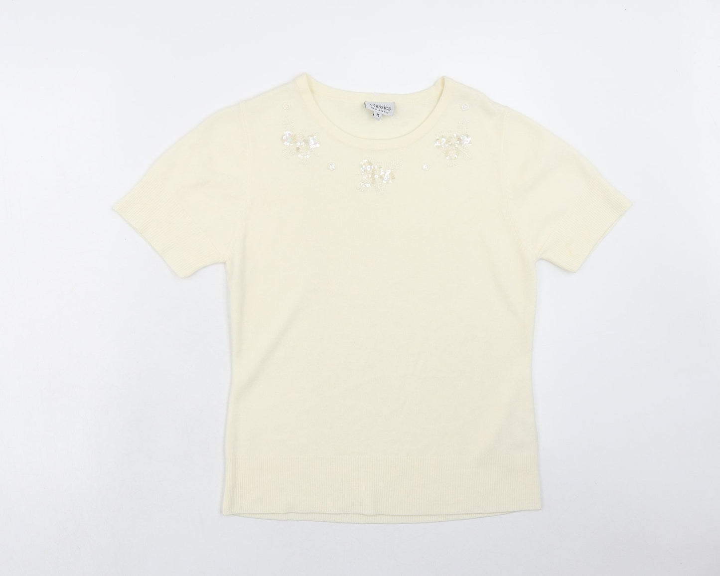 First Avenue Womens Ivory Acrylic Basic T-Shirt Size M Round Neck