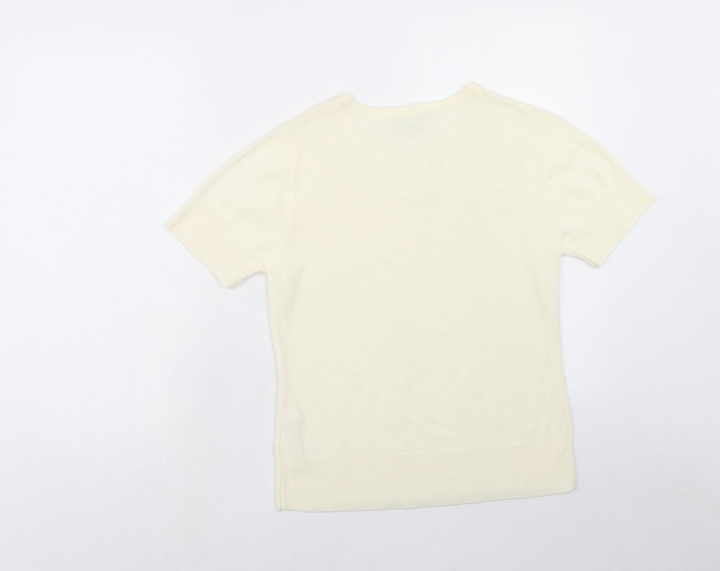 First Avenue Womens Ivory Acrylic Basic T-Shirt Size M Round Neck