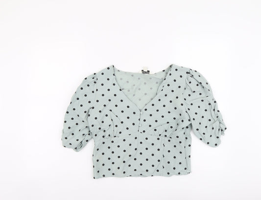 Brave Soul Womens Green Polka Dot Polyester Cropped Blouse Size L V-Neck