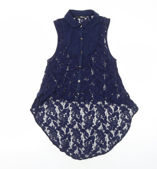 Jane Norman Womens Blue Floral Polyester Basic Button-Up Size 6 Collared