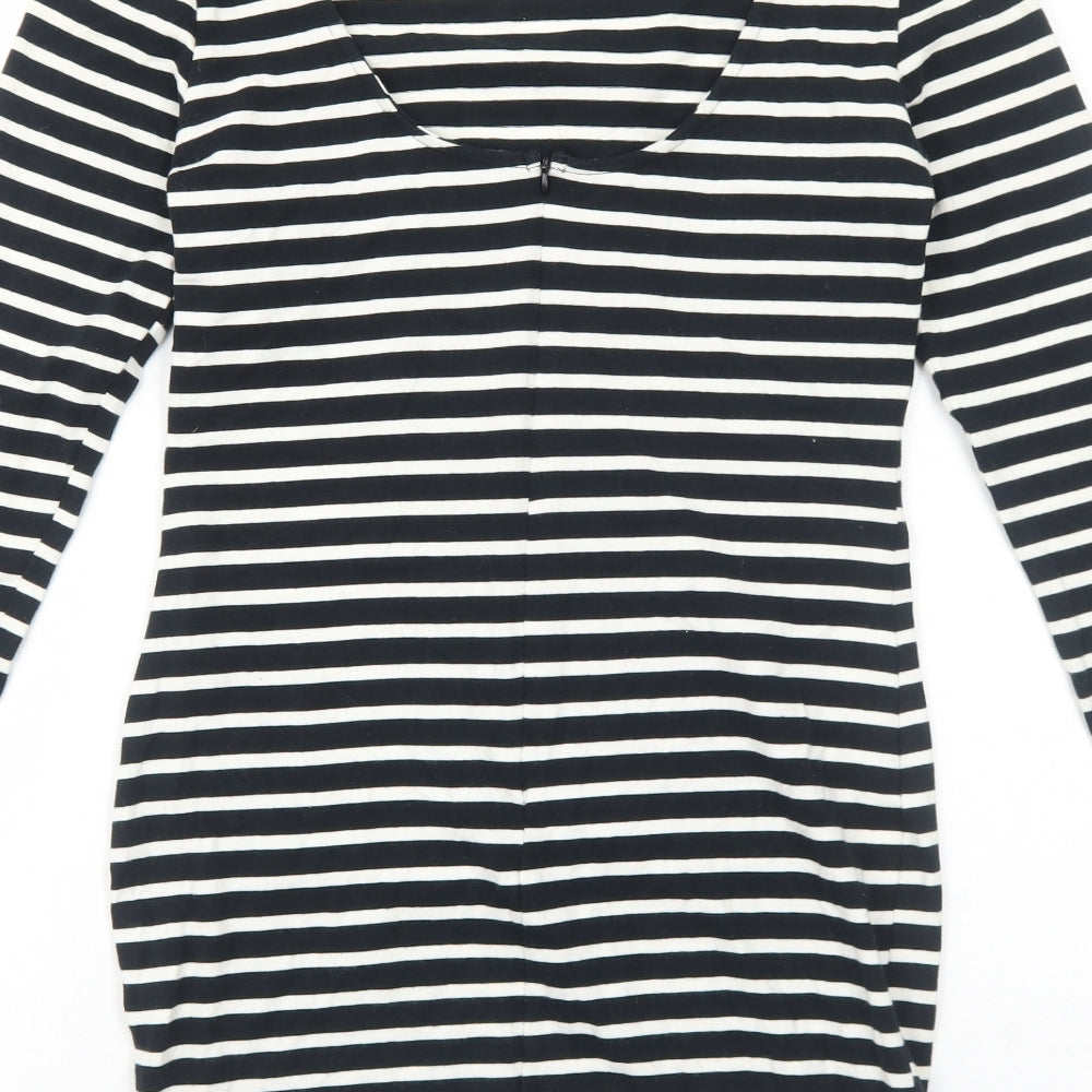 Preworn Womens Black Striped Cotton Bodycon Size M Round Neck Zip