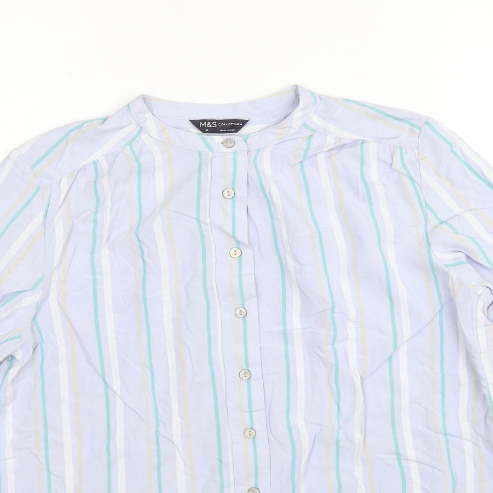 Marks and Spencer Womens Blue Striped Viscose Basic Button-Up Size 10 Round Neck