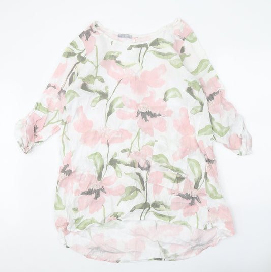 LV Clothing Womens White Floral Linen A-Line One Size Round Neck Pullover