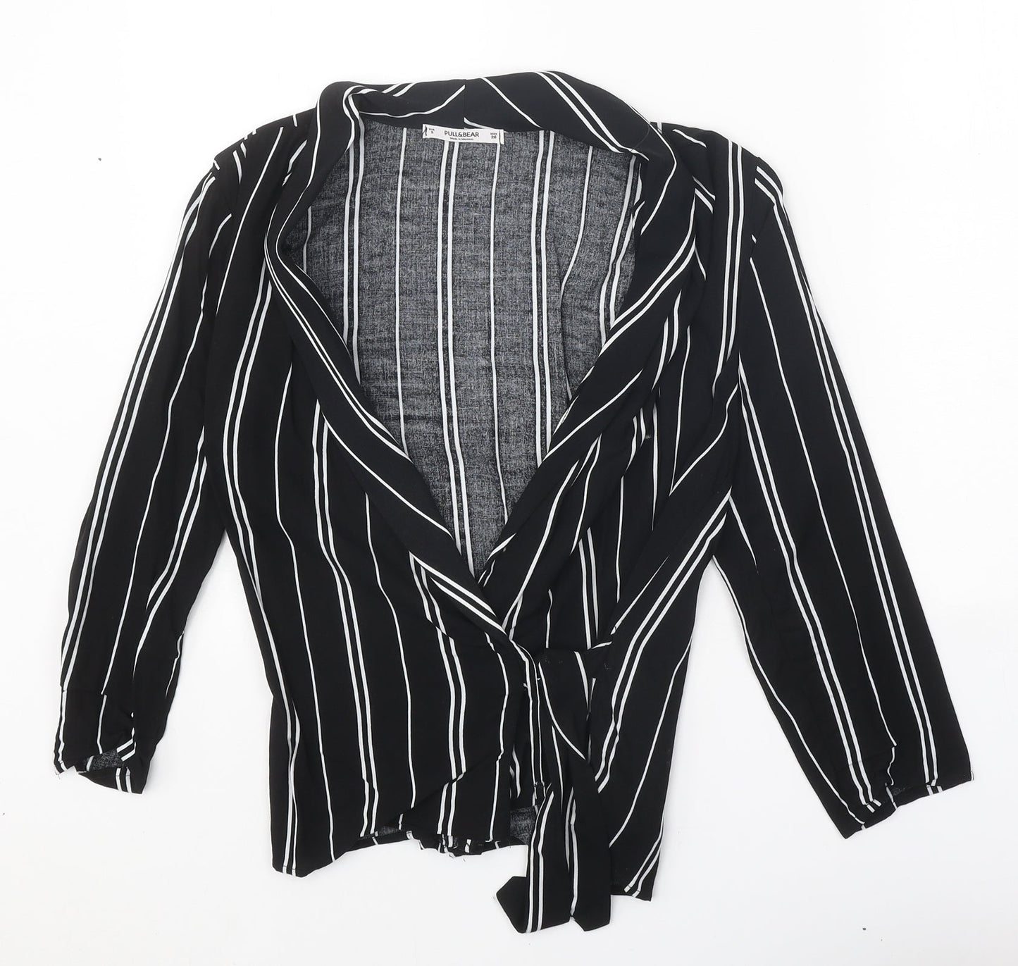 Pull&Bear Womens Black Striped Viscose Wrap Blouse Size S V-Neck