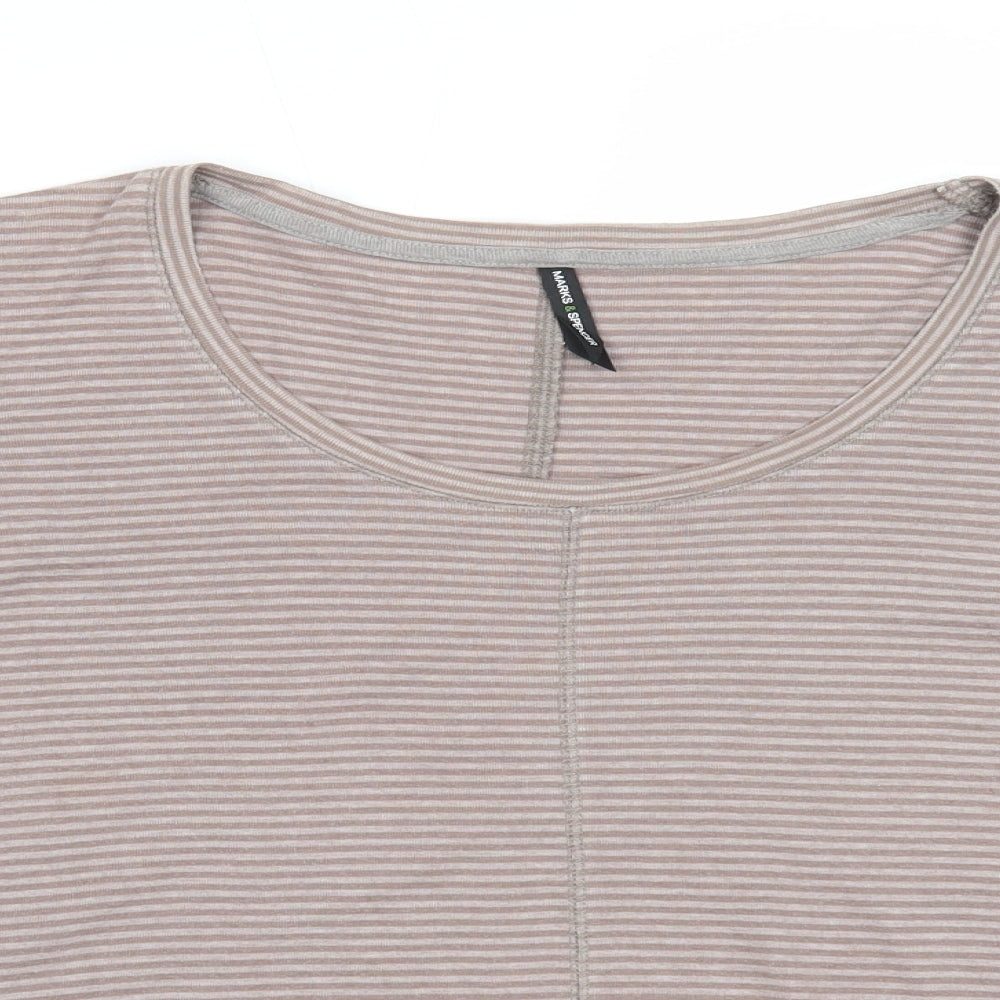 Marks and Spencer Womens Brown Striped Cotton Basic Blouse Size 14 Scoop Neck