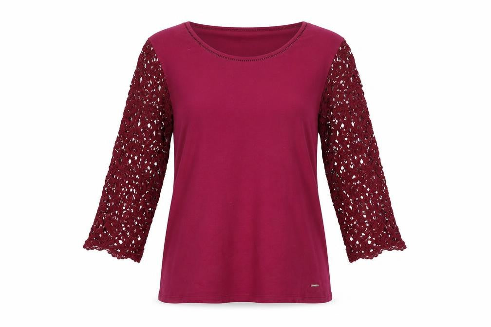 Country Casuals Womens Pink Cotton Basic T-Shirt Size M Round Neck - Lace Sleeves