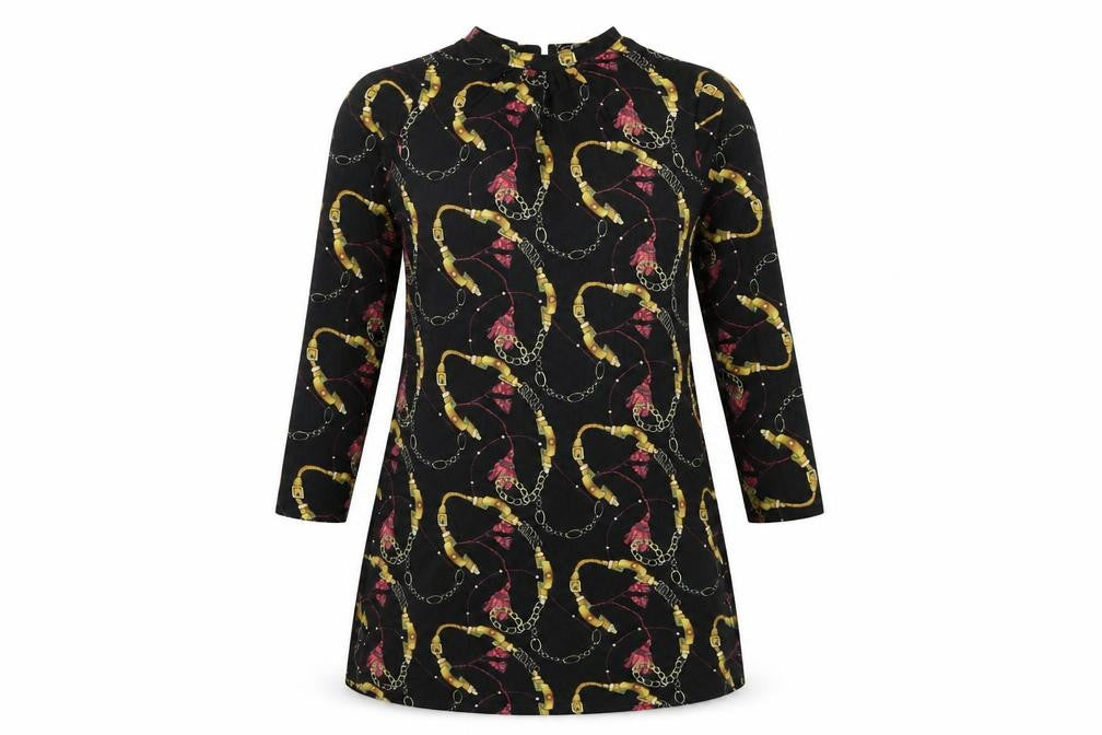 PEP&CO Womens Black Geometric Polyester A-Line Size 10 Round Neck Button