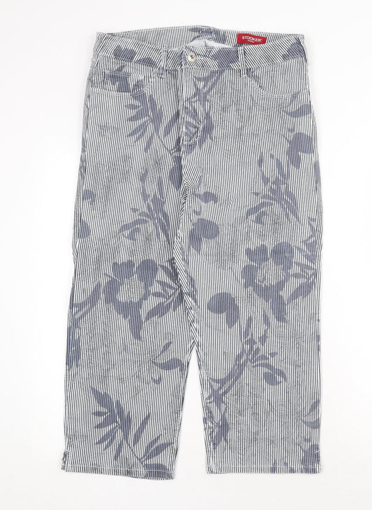 Stooker Womens Blue Striped Cotton Trousers Size 34 in Regular Zip - Flower Pattern