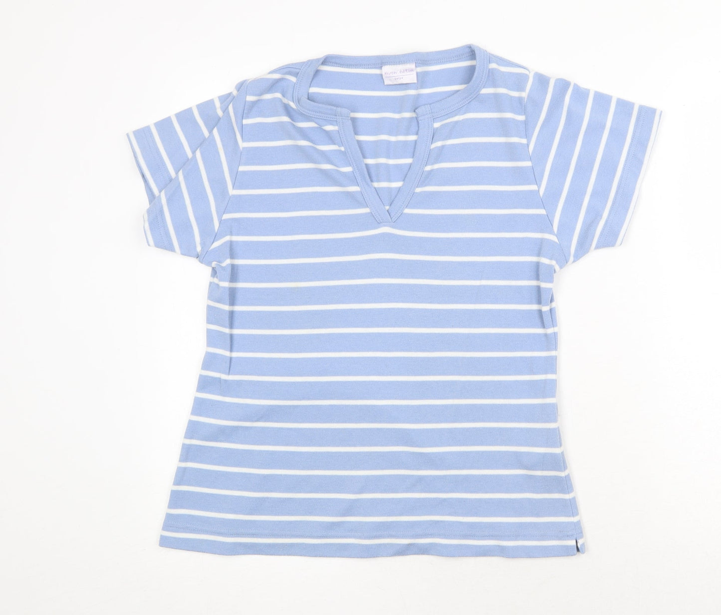 Noureau Edition Womens Blue Striped Polyester Basic T-Shirt Size L V-Neck