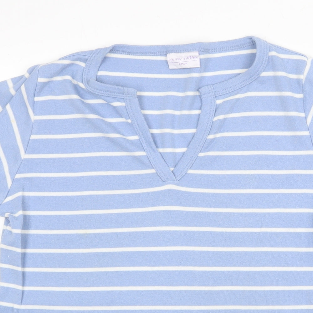 Noureau Edition Womens Blue Striped Polyester Basic T-Shirt Size L V-Neck