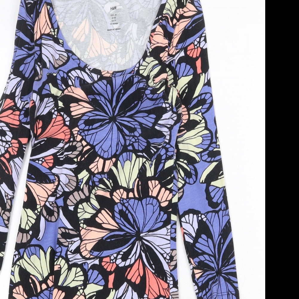 H&M Womens Purple Geometric Cotton A-Line Size XS Scoop Neck Pullover