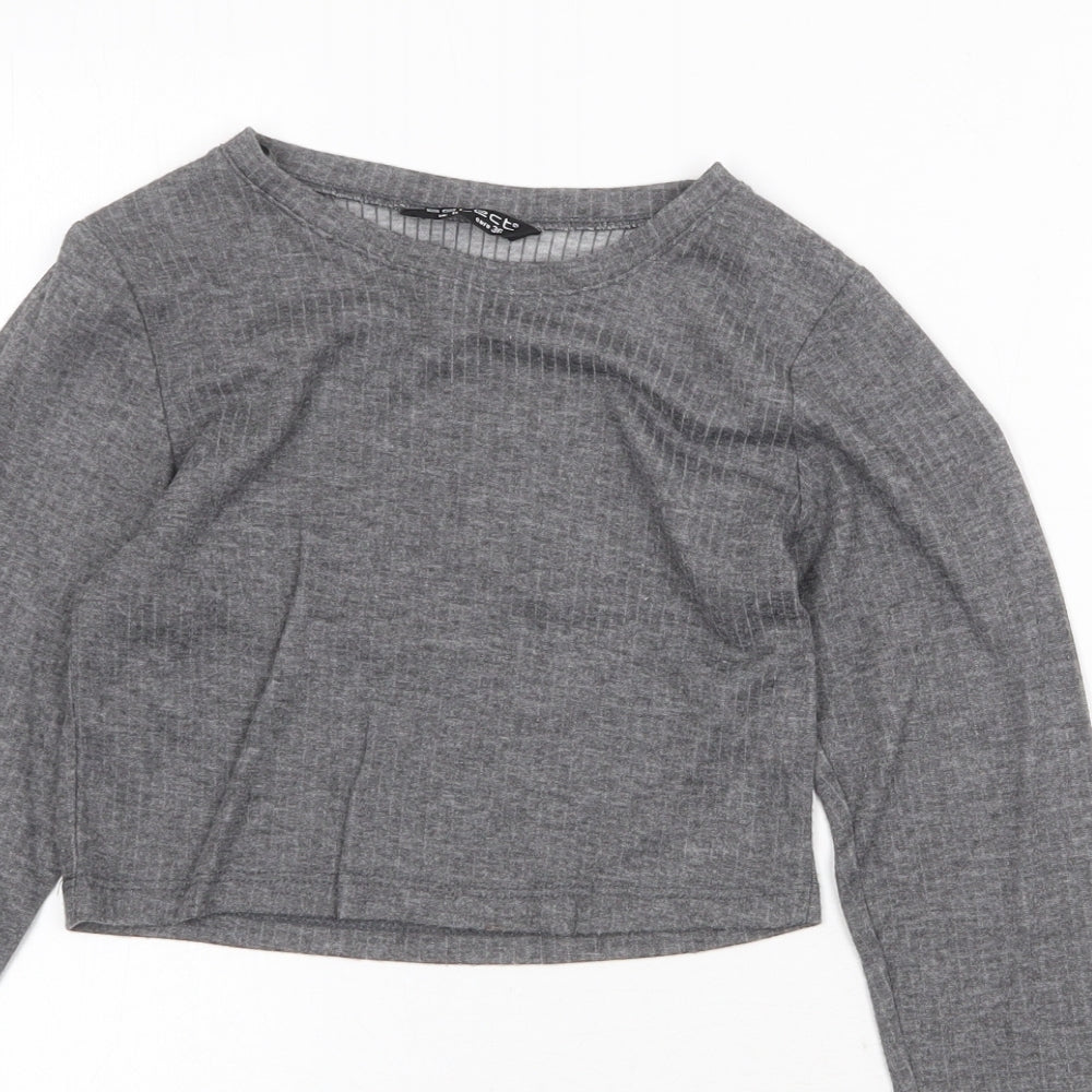 Select Womens Grey Polyester Cropped T-Shirt Size 8 Round Neck