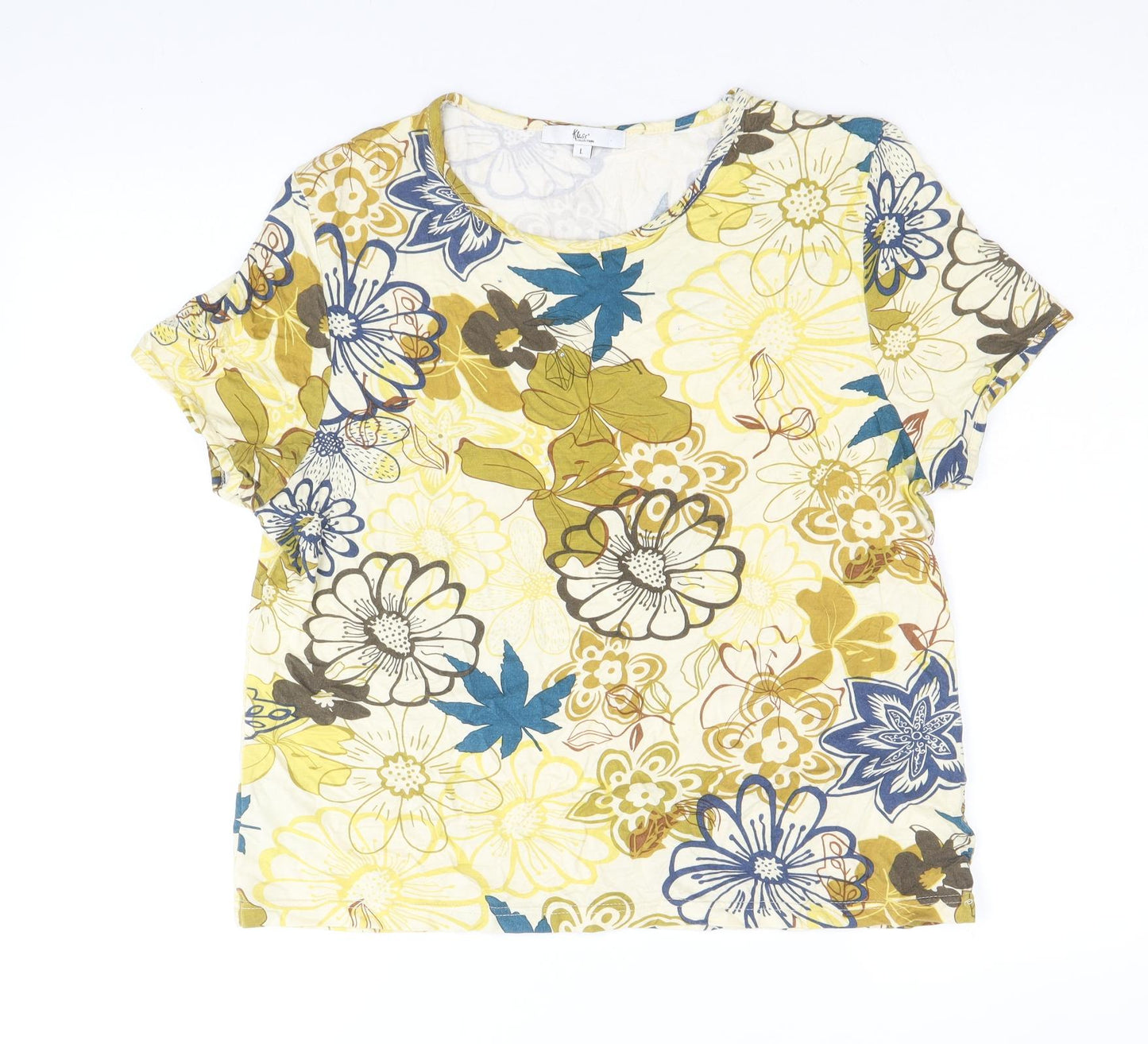 Klass Womens Yellow Floral Viscose Basic T-Shirt Size L Scoop Neck