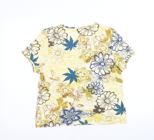 Klass Womens Yellow Floral Viscose Basic T-Shirt Size L Scoop Neck