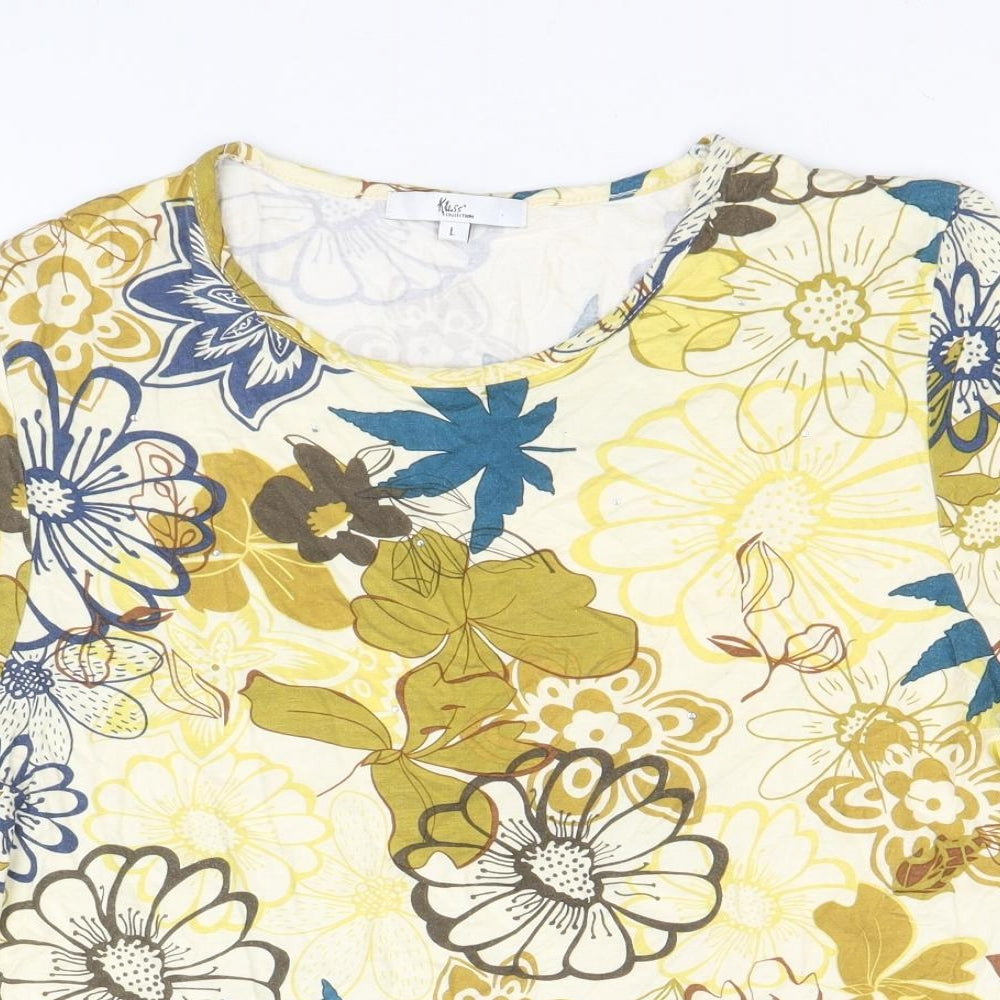 Klass Womens Yellow Floral Viscose Basic T-Shirt Size L Scoop Neck