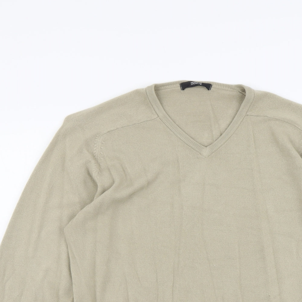 Marks and Spencer Mens Beige V-Neck Acrylic Pullover Jumper Size S Long Sleeve