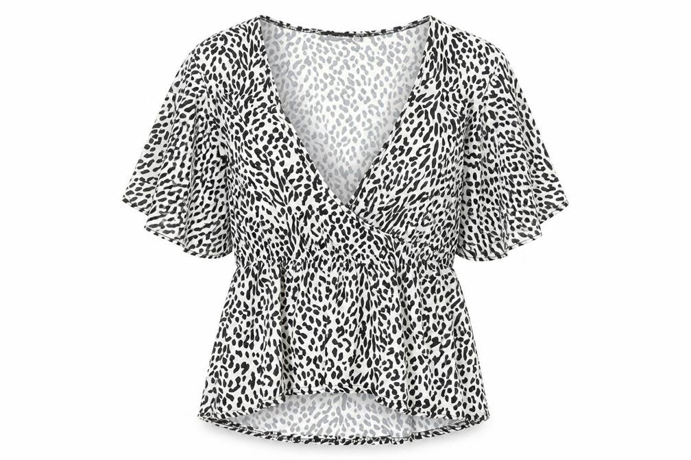 PRETTYLITTLETHING Womens White Animal Print Polyester Basic Blouse Size 14 V-Neck - Leopard Print Angel Sleeve