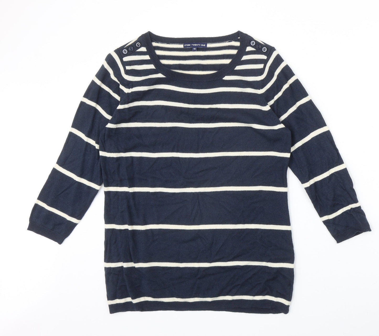 Store Twenty One Womens Blue Scoop Neck Striped Acrylic Pullover Jumper Size 14