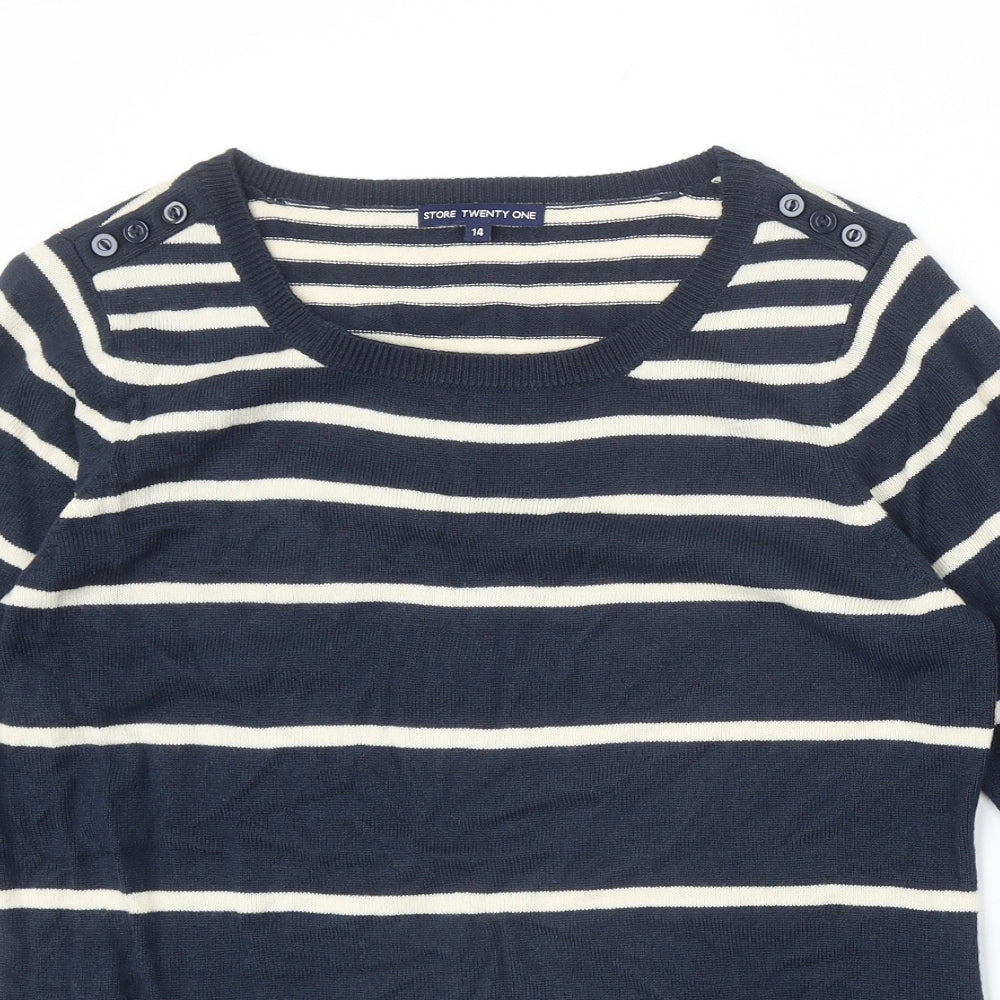 Store Twenty One Womens Blue Scoop Neck Striped Acrylic Pullover Jumper Size 14