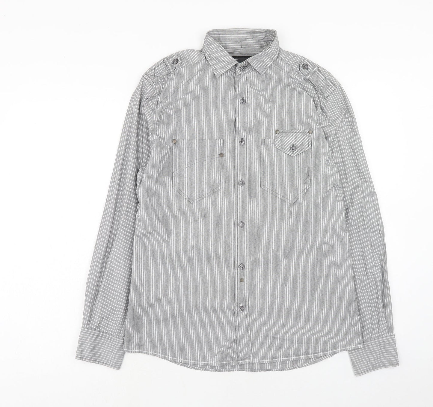 NEXT Mens Grey Striped Cotton Button-Up Size S Collared Button