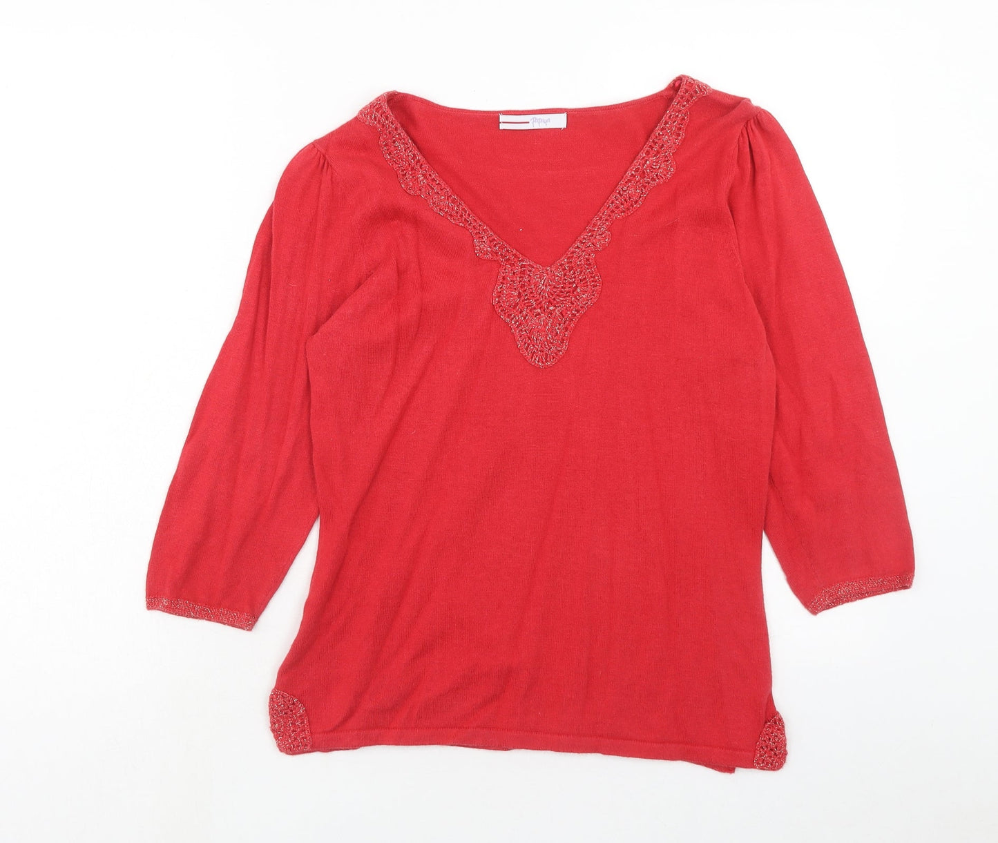 papaya Womens Red V-Neck Viscose Pullover Jumper Size 14