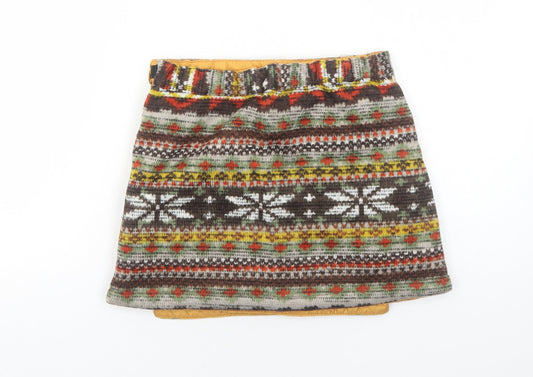 Preworn Womens Yellow Fair Isle Polyester Mini Skirt Size 6 Snap