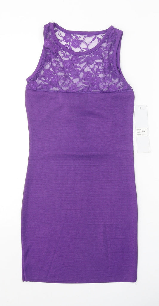 PK Clothing Womens Purple Polyester Tank Dress Size M Boat Neck Pullover - Lace Detail