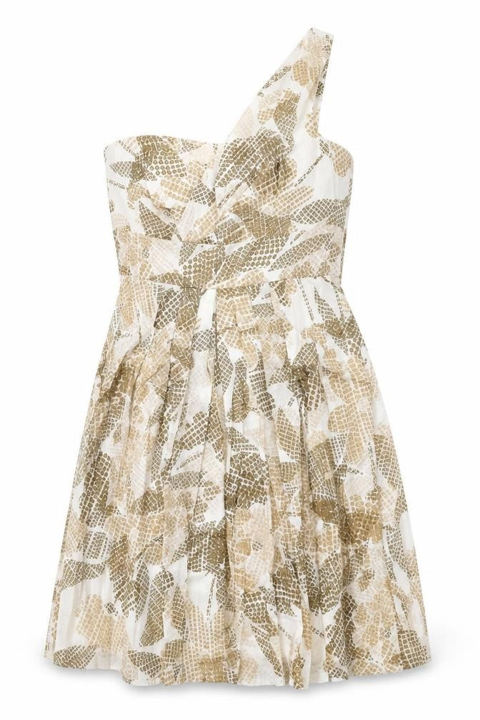 Maggy Boutique Womens White Geometric 100% Cotton Fit & Flare Size 8 One Shoulder Zip