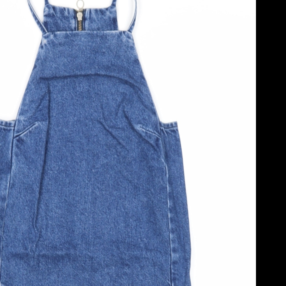 Topshop Womens Blue Cotton Pinafore/Dungaree Dress Size 6 Square Neck Zip