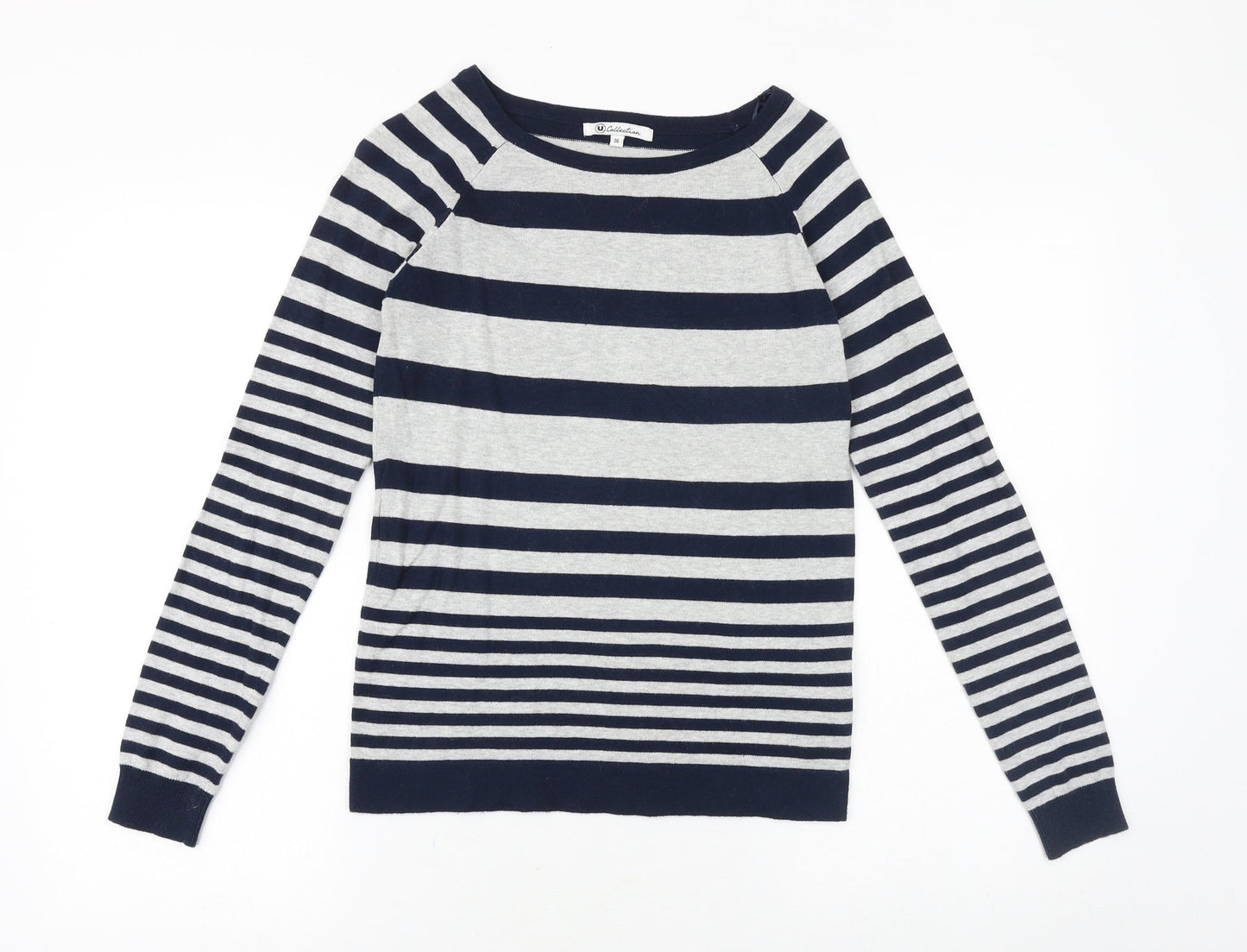 Ucollection Womens Blue Round Neck Striped Cotton Pullover Jumper Size 8