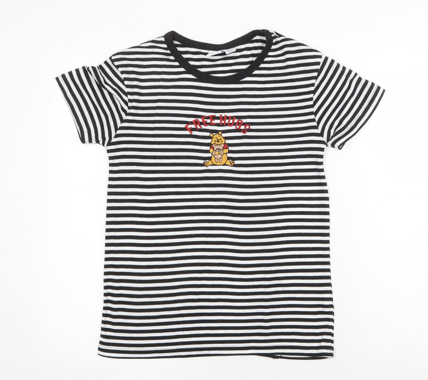 Disney Womens Black Striped Polyester Basic T-Shirt Size XS Round Neck - Winnie the Pooh Free Hugs