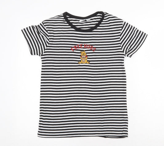 Disney Womens Black Striped Polyester Basic T-Shirt Size XS Round Neck - Winnie the Pooh Free Hugs