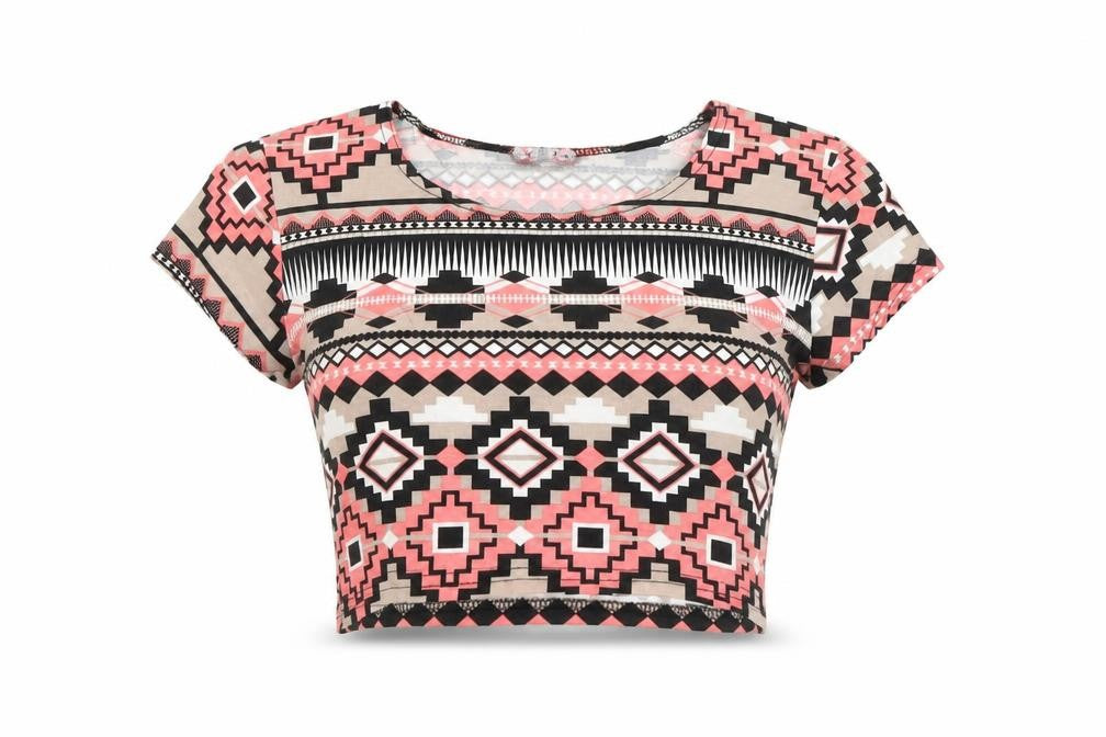 Ribbon Womens Multicoloured Geometric Viscose Cropped T-Shirt Size 10 Round Neck