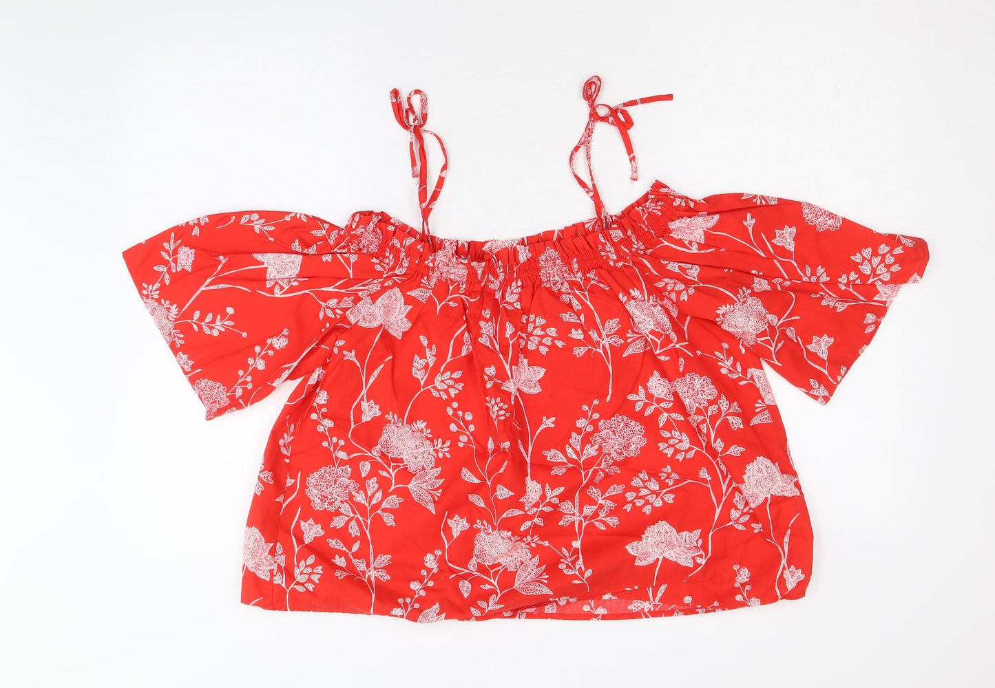 H&M Womens Red Floral 100% Cotton Cropped Blouse Size 10 Off the Shoulder