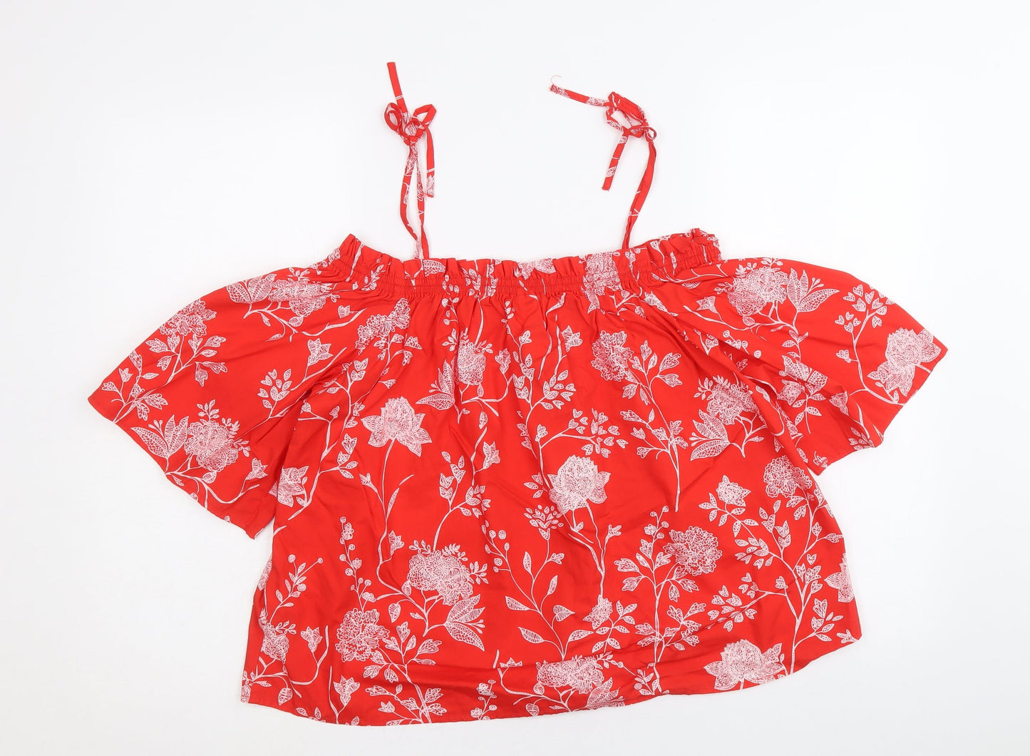H&M Womens Red Floral 100% Cotton Cropped Blouse Size 10 Off the Shoulder