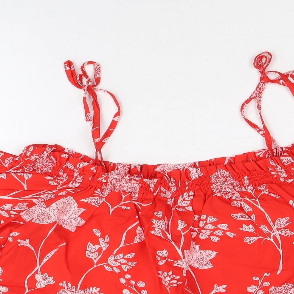 H&M Womens Red Floral 100% Cotton Cropped Blouse Size 10 Off the Shoulder