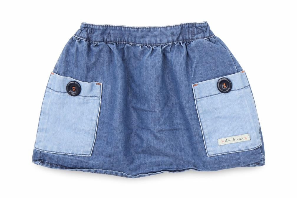 Front view of Next girls’ blue cotton a-line skirt, size 18-24, months pullover