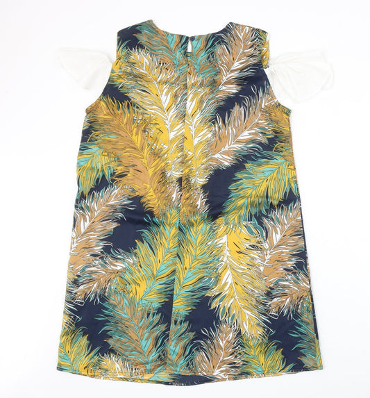 Buti Womens Multicoloured Geometric Polyester Shift Size L Scoop Neck Button - Feather Cold Shoulder