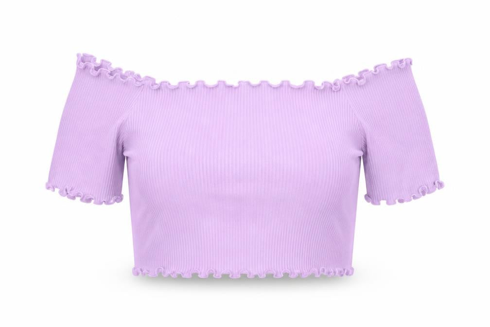 PRETTYLITTLETHING Womens Purple Polyester Cropped T-Shirt Size 6 Off the Shoulder - Lettuce Hem