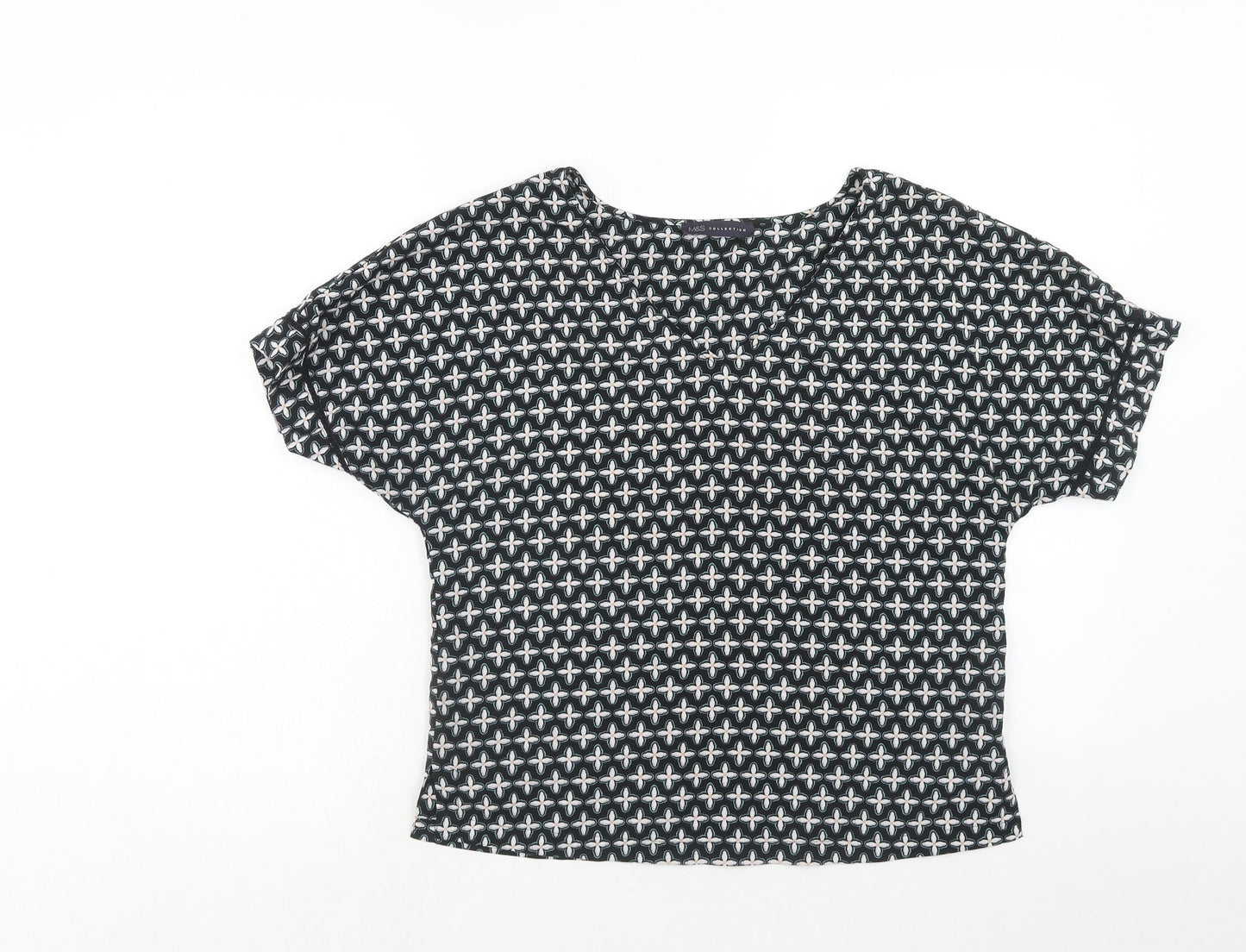 Marks and Spencer Womens Black Geometric Polyester Basic Blouse Size 10 V-Neck
