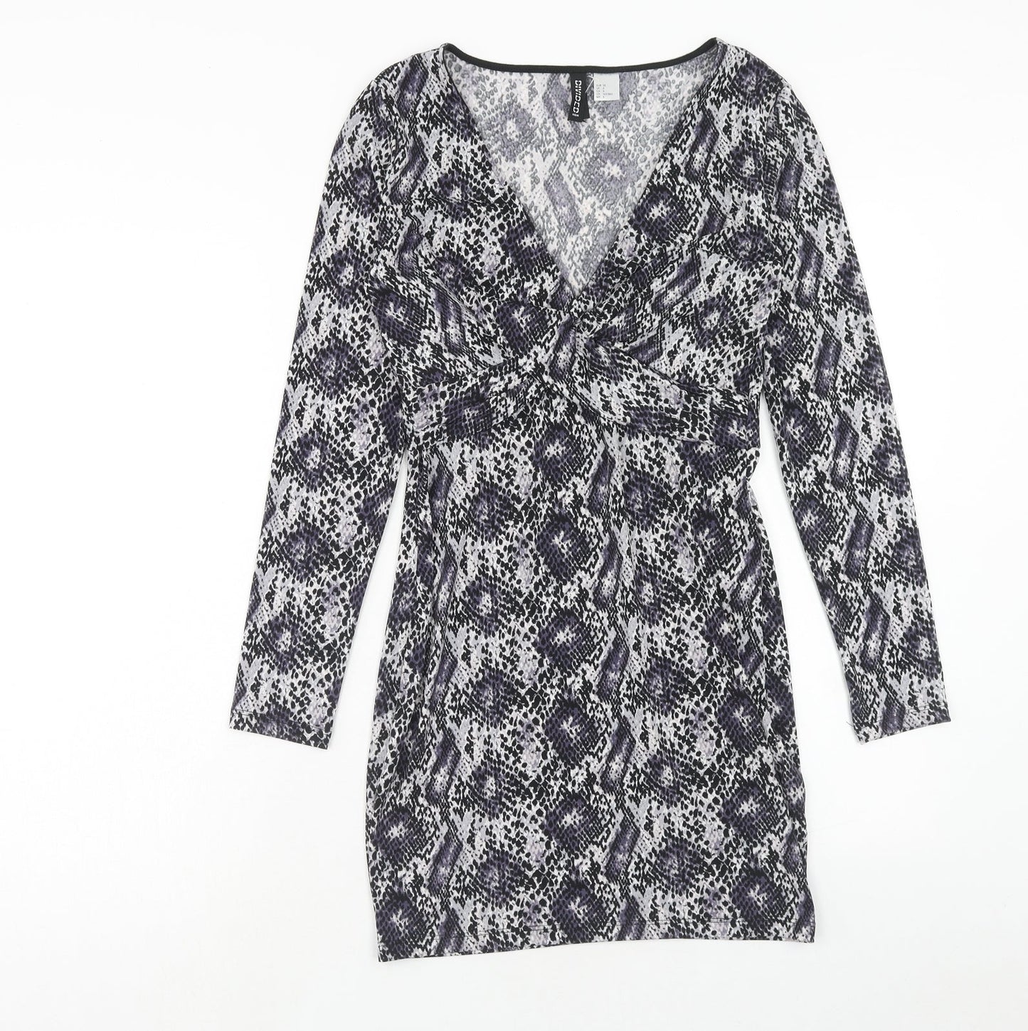 H&M Womens Purple Animal Print Polyester Bodycon Size 10 V-Neck Pullover - Snake Skin Print Knot Front