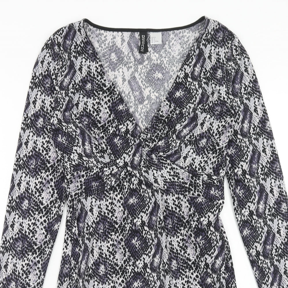 H&M Womens Purple Animal Print Polyester Bodycon Size 10 V-Neck Pullover - Snake Skin Print Knot Front