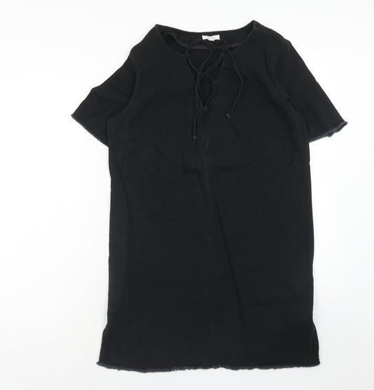Lily Loves Womens Black Cotton Shift Size 8 V-Neck Lace Up