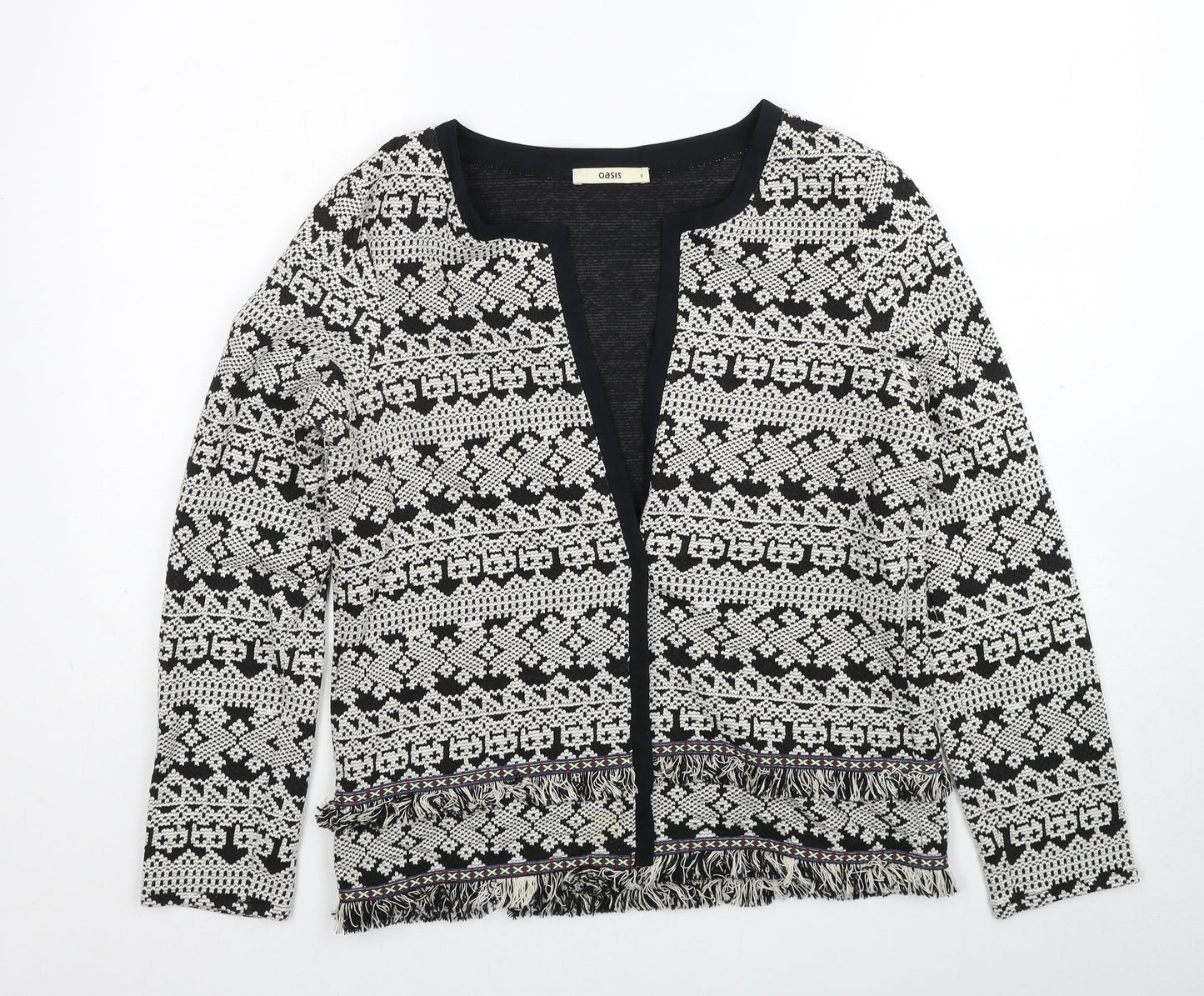 Oasis Womens Black V-Neck Geometric Cotton Cardigan Jumper Size S